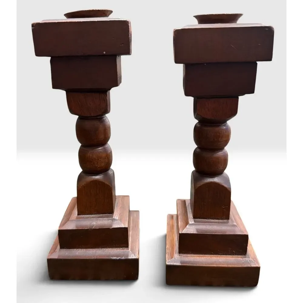 Vintage Hardwood Candlestick Holders Pair Dark Walnut Finish Brass Cups 6.5 Inch